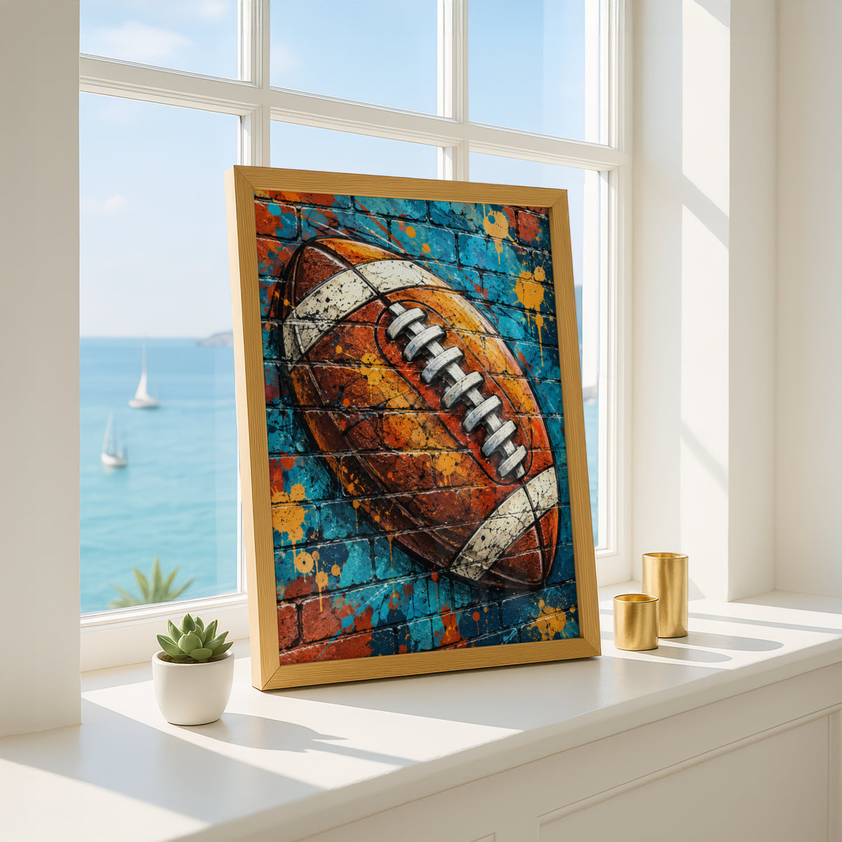 American Football Graffiti Art Poster, Blue Brick Wall Street Art Print, Sports Fan Gift, Man Cave