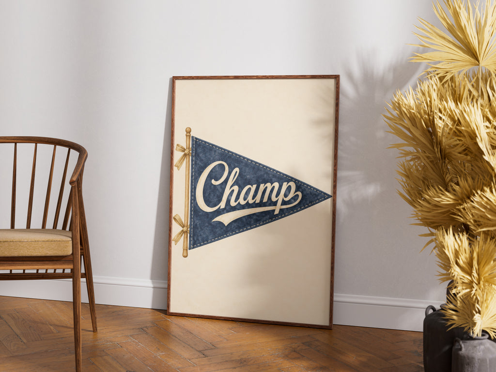 Vintage Champ Pennant Flag Wall Art, Navy Blue Retro Nursery Print, Sports Poster, Boys Bedroom