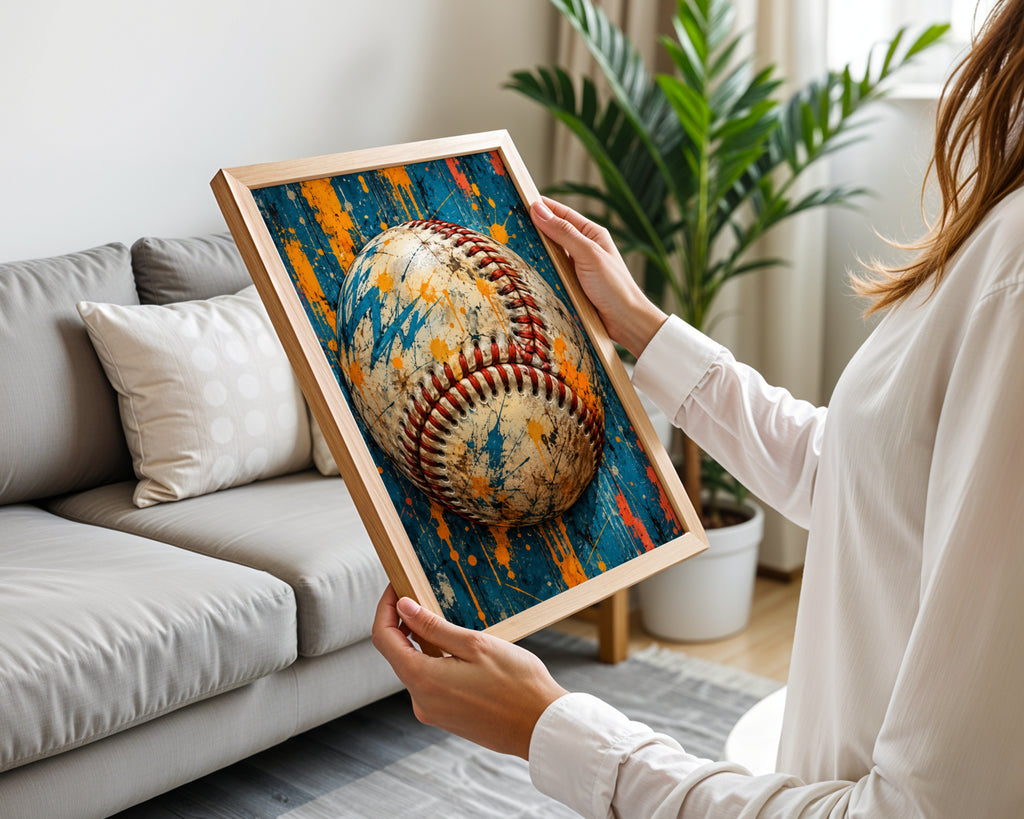 Baseball Wall Art, Grunge Sports Poster, Teal and Orange Paint Splatter, Boys Room Decor, Man Cave
