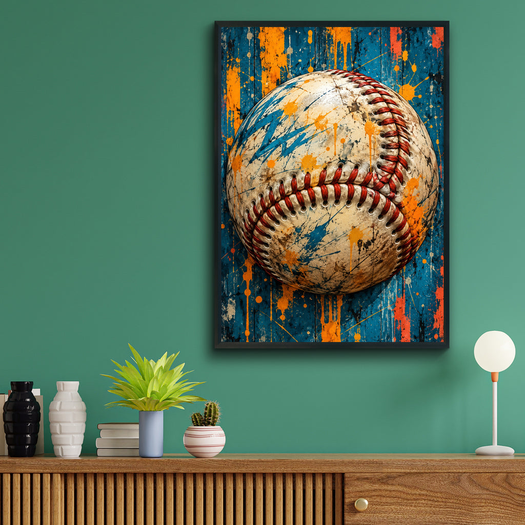 Baseball Wall Art, Grunge Sports Poster, Teal and Orange Paint Splatter, Boys Room Decor, Man Cave