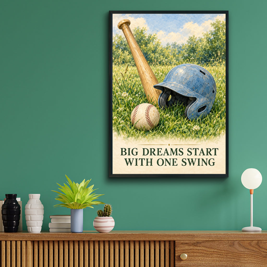 Baseball Wall Art Print, Big Dreams Start With One Swing, Vintage Watercolour Poster, Boys Bedroom