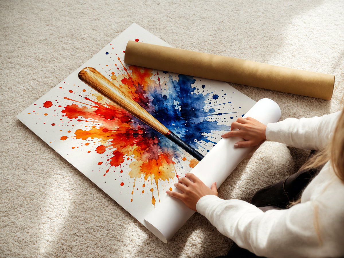 Baseball Bat Watercolour Splash Poster, Sports Wall Art, Red Orange Blue Paint Splatter Print