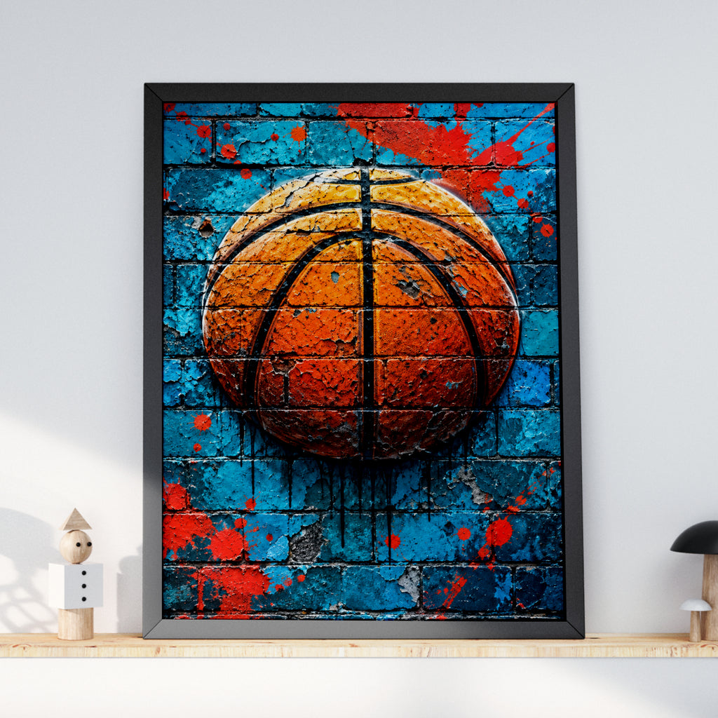 Basketball Graffiti Wall Art Poster, Turquoise Brick Mural Print, Street Art Sports Room Decor