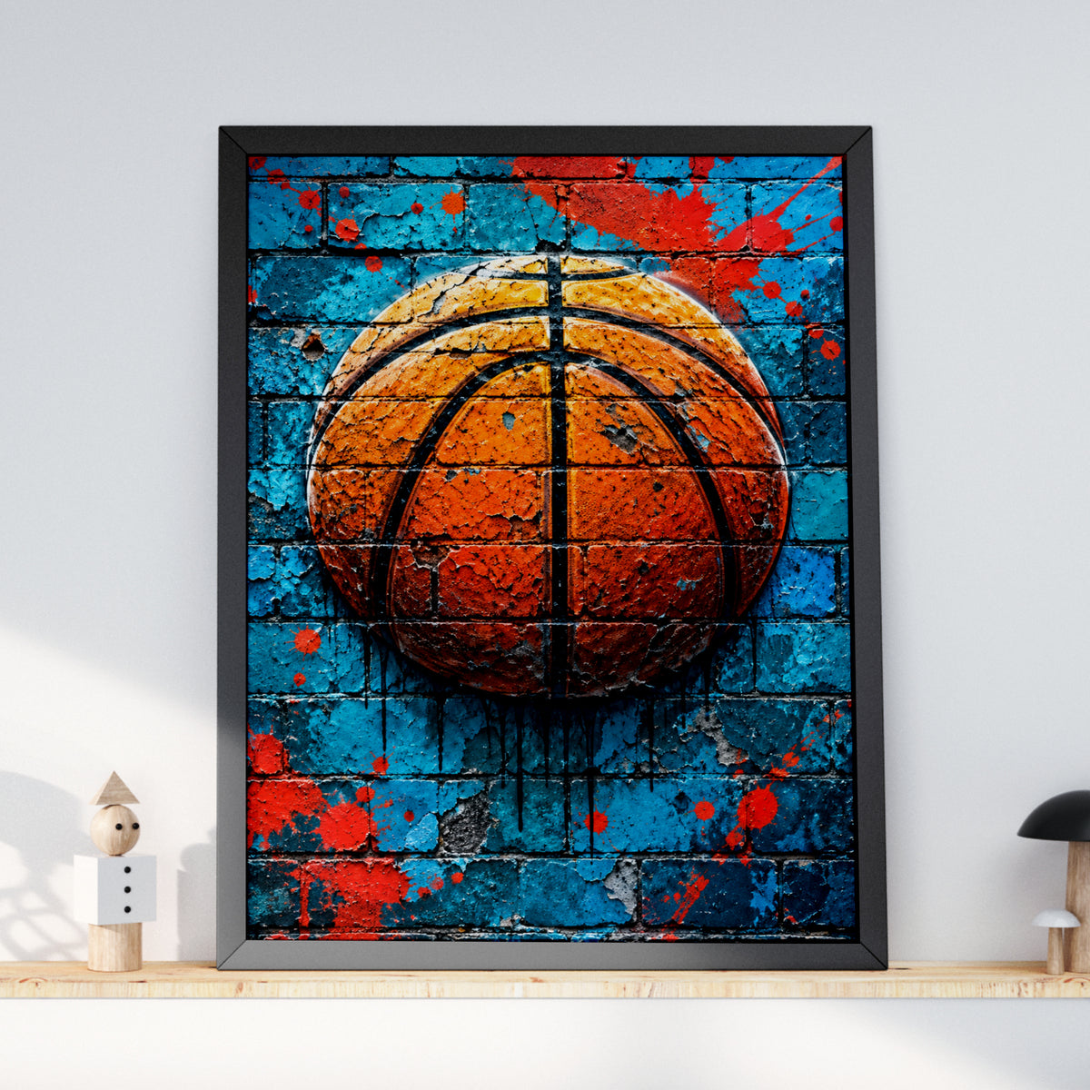 Basketball Graffiti Wall Art Poster, Turquoise Brick Mural Print, Street Art Sports Room Decor