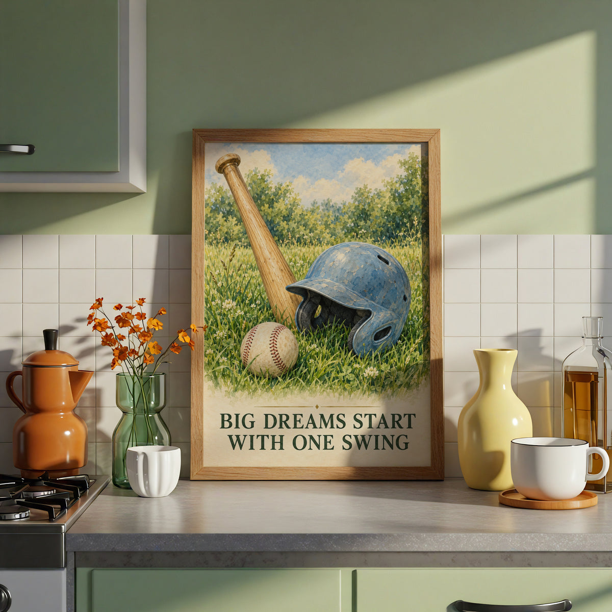 Baseball Wall Art Print, Big Dreams Start With One Swing, Vintage Watercolour Poster, Boys Bedroom