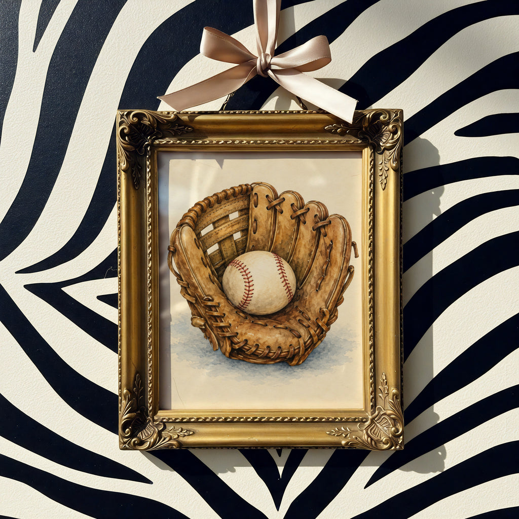 Vintage Baseball Glove Watercolour Poster, Baseball Wall Art, Sports Print, Boys Room