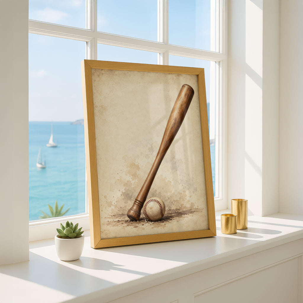 Vintage Baseball Bat and Ball Poster, Sepia Sports Wall Art, Retro Baseball Print for Man Cave