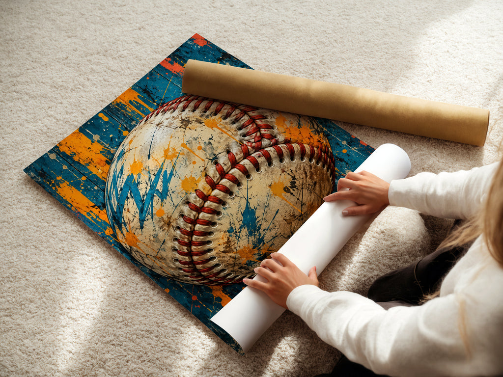Baseball Wall Art, Grunge Sports Poster, Teal and Orange Paint Splatter, Boys Room Decor, Man Cave