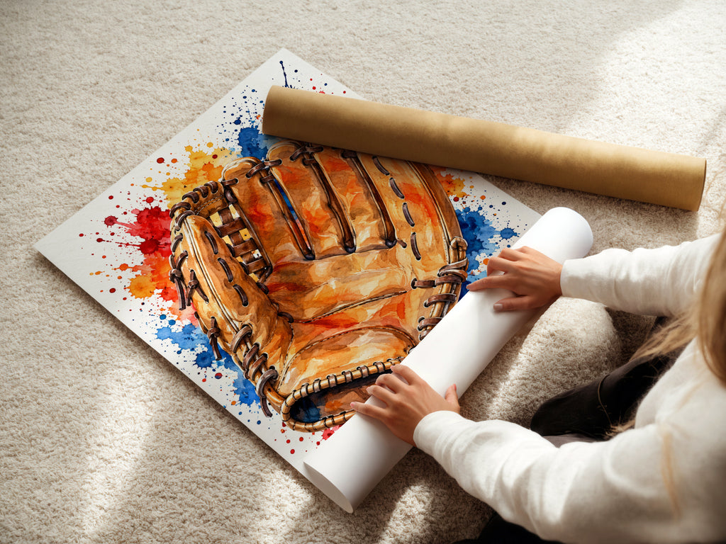 Baseball Glove Watercolour Poster, Sports Wall Art, Colourful Paint Splash Print, Boys Bedroom Decor
