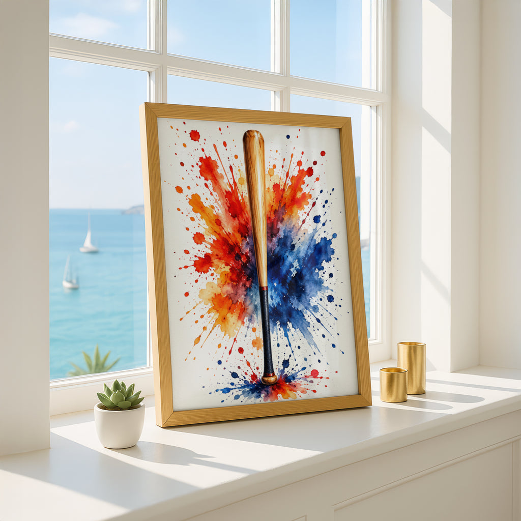 Baseball Bat Watercolour Splash Poster, Sports Wall Art, Red Orange Blue Paint Splatter Print