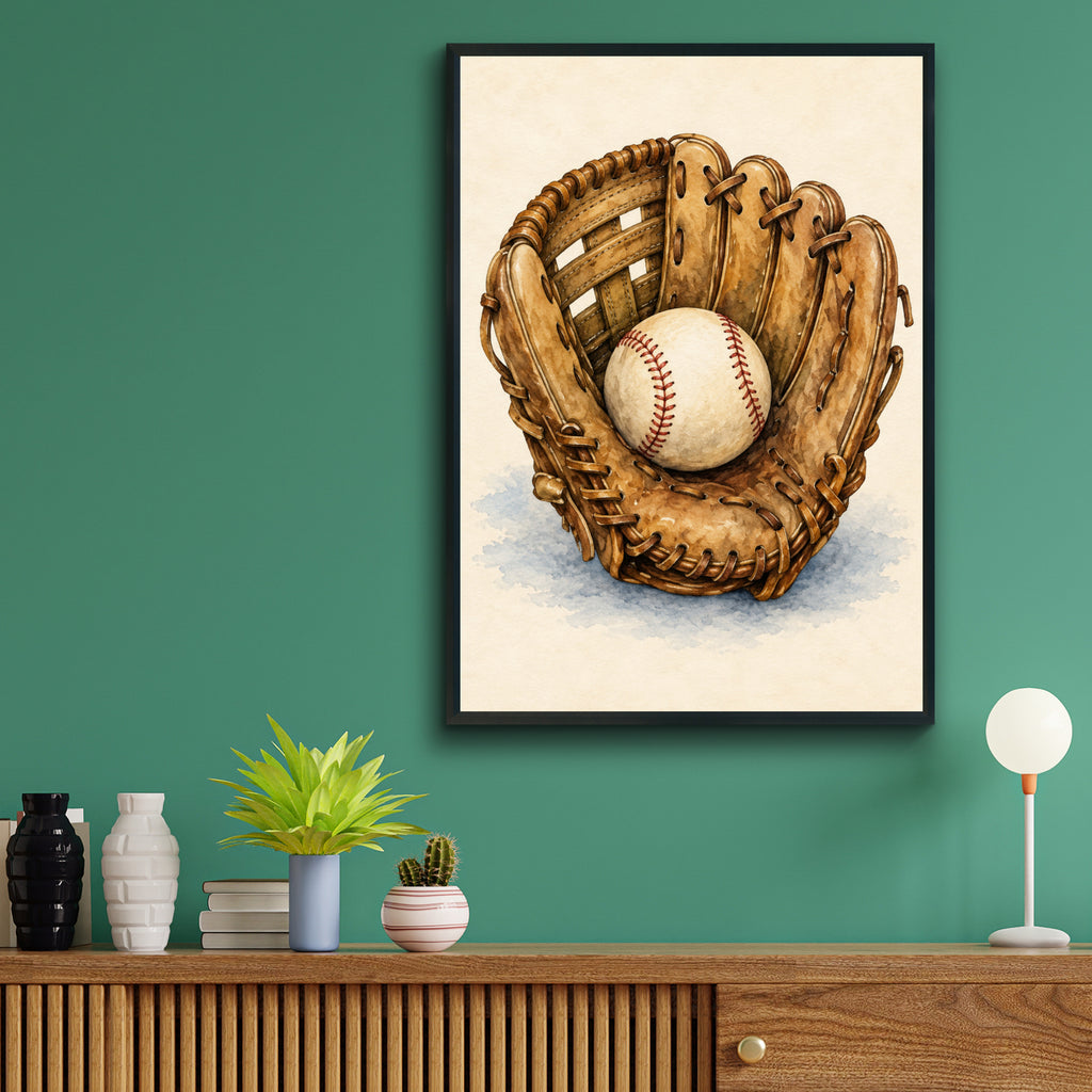 Vintage Baseball Glove Watercolour Poster, Baseball Wall Art, Sports Print, Boys Room