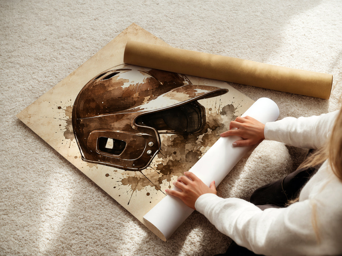 Vintage Baseball Helmet Poster, Sepia Watercolour Sports Wall Art, Rustic Baseball Fan Gift Print
