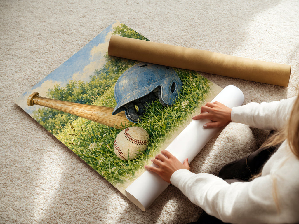 Baseball Wall Art Print, Big Dreams Start With One Swing, Vintage Watercolour Poster, Boys Bedroom