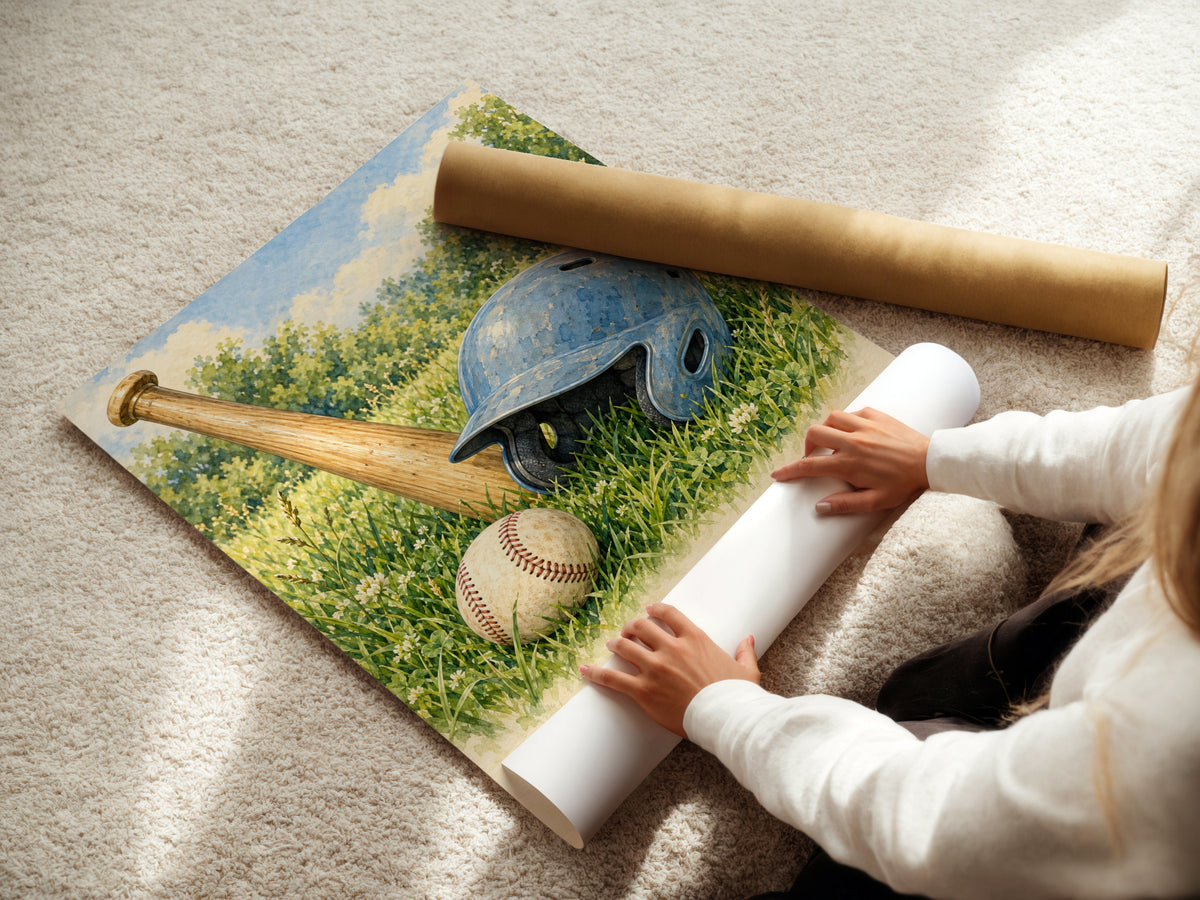 Baseball Wall Art Print, Big Dreams Start With One Swing, Vintage Watercolour Poster, Boys Bedroom