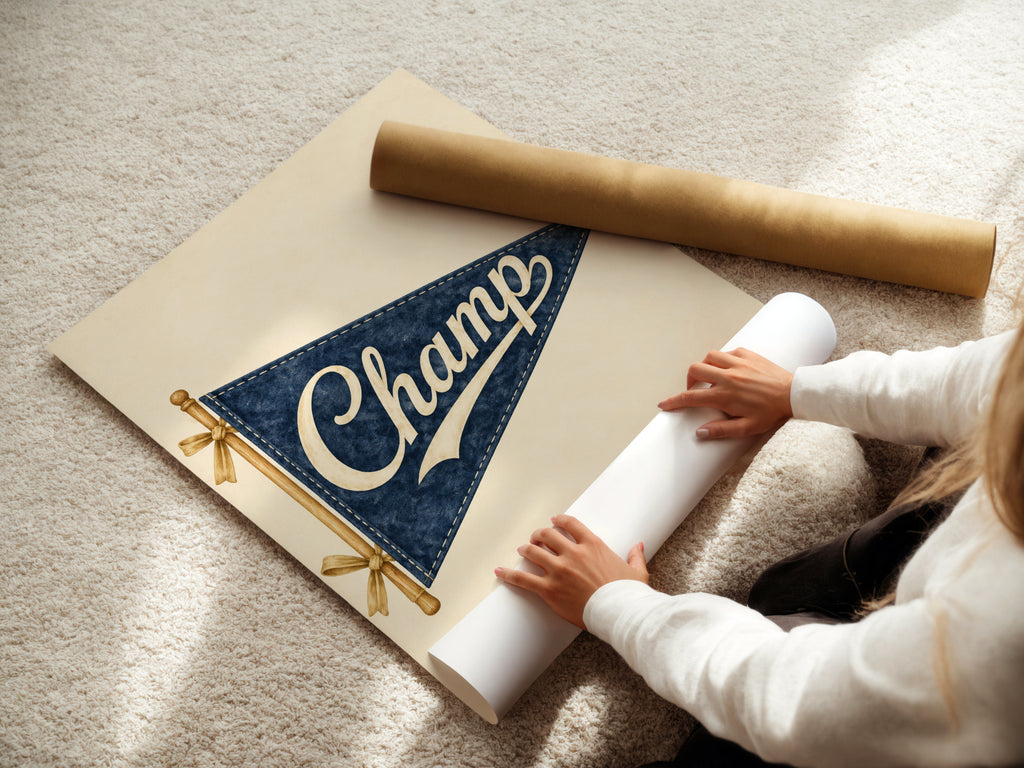 Vintage Champ Pennant Flag Wall Art, Navy Blue Retro Nursery Print, Sports Poster, Boys Bedroom
