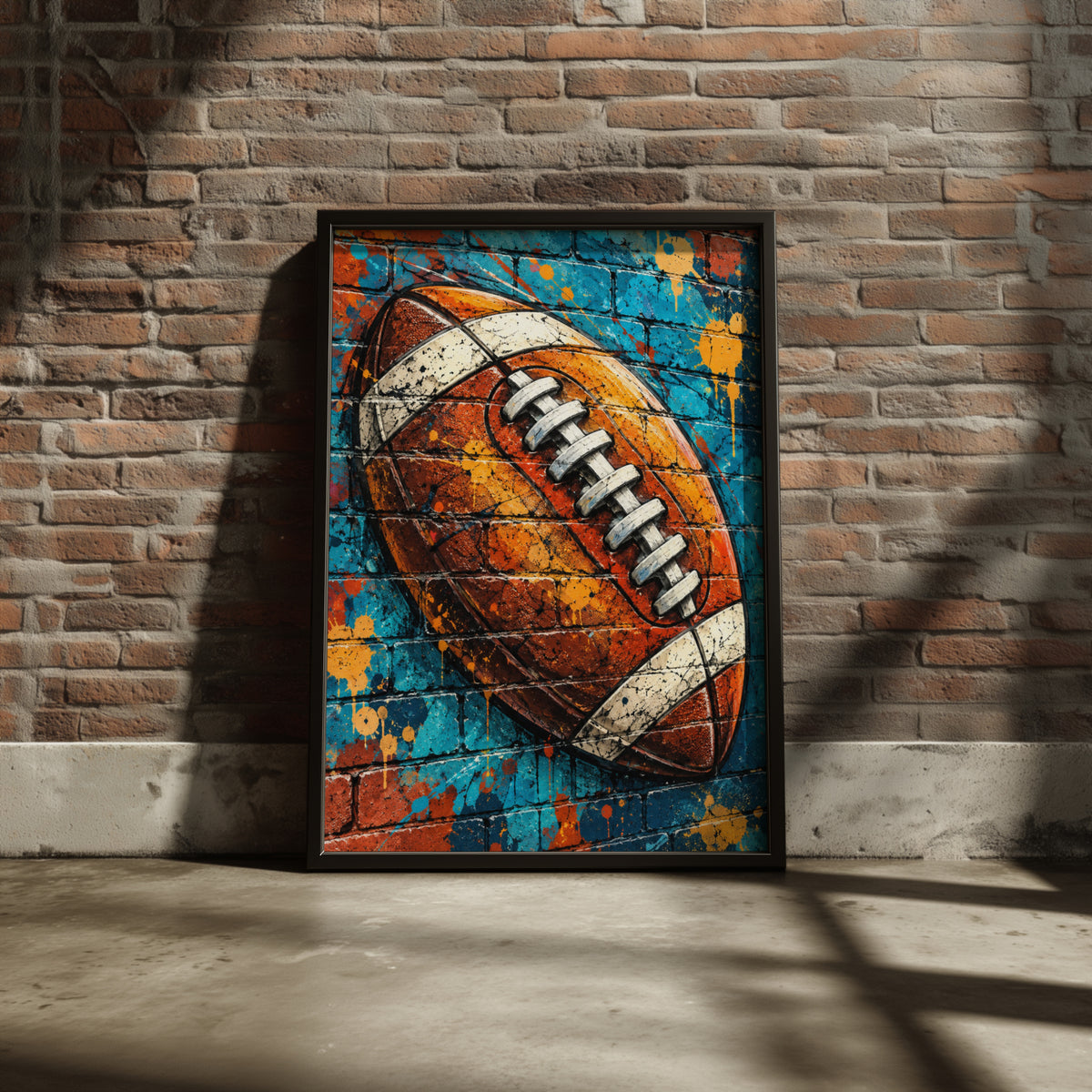 American Football Graffiti Art Poster, Blue Brick Wall Street Art Print, Sports Fan Gift, Man Cave