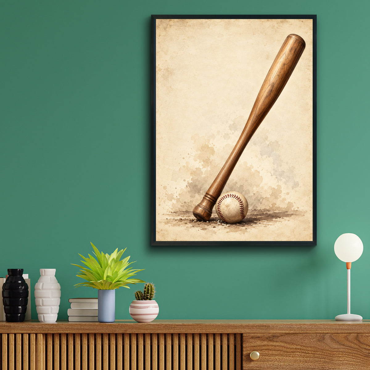 Vintage Baseball Bat and Ball Poster, Sepia Sports Wall Art, Retro Baseball Print for Man Cave