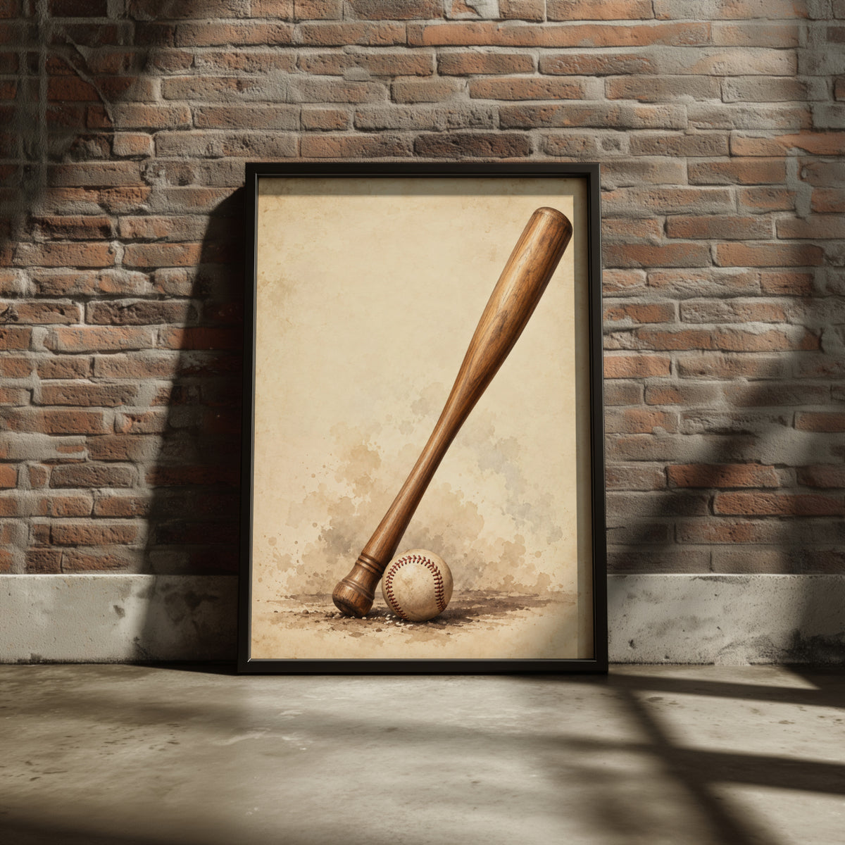 Vintage Baseball Bat and Ball Poster, Sepia Sports Wall Art, Retro Baseball Print for Man Cave