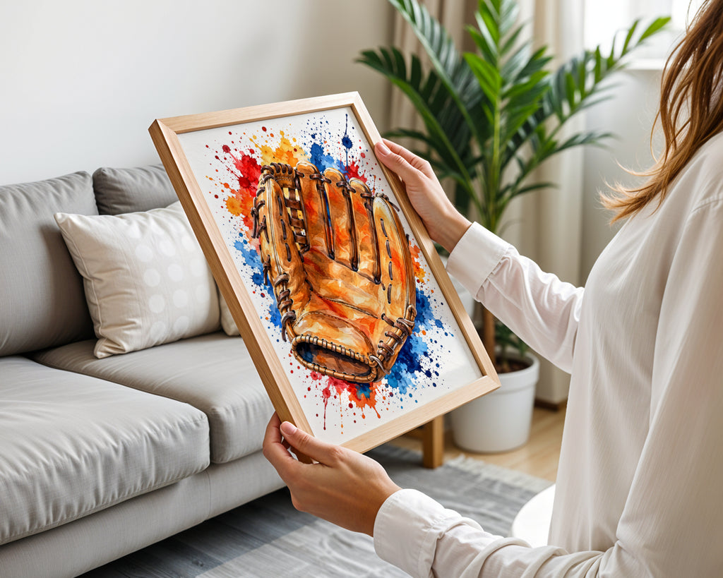 Baseball Glove Watercolour Poster, Sports Wall Art, Colourful Paint Splash Print, Boys Bedroom Decor