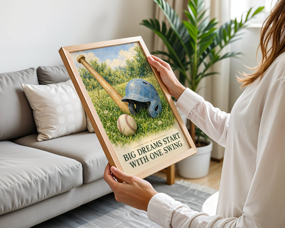 Baseball Wall Art Print, Big Dreams Start With One Swing, Vintage Watercolour Poster, Boys Bedroom
