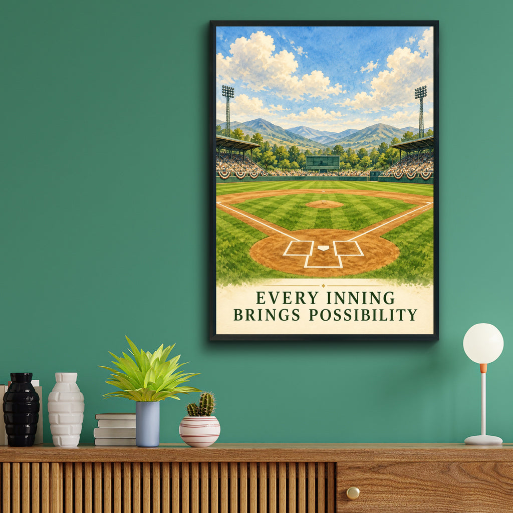 Baseball Field Watercolour Poster, Every Inning Brings Possibility Quote, Sports Wall Art