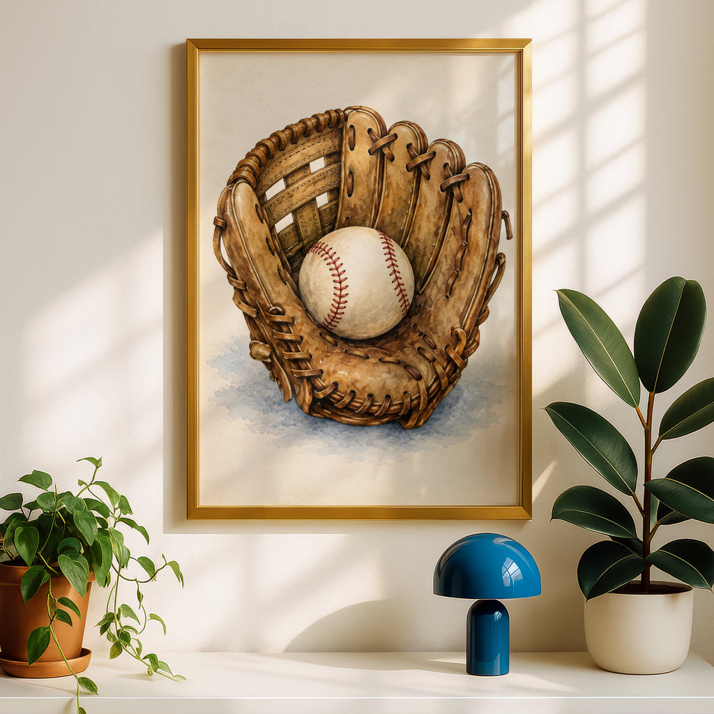 Vintage Baseball Glove Watercolour Poster, Baseball Wall Art, Sports Print, Boys Room