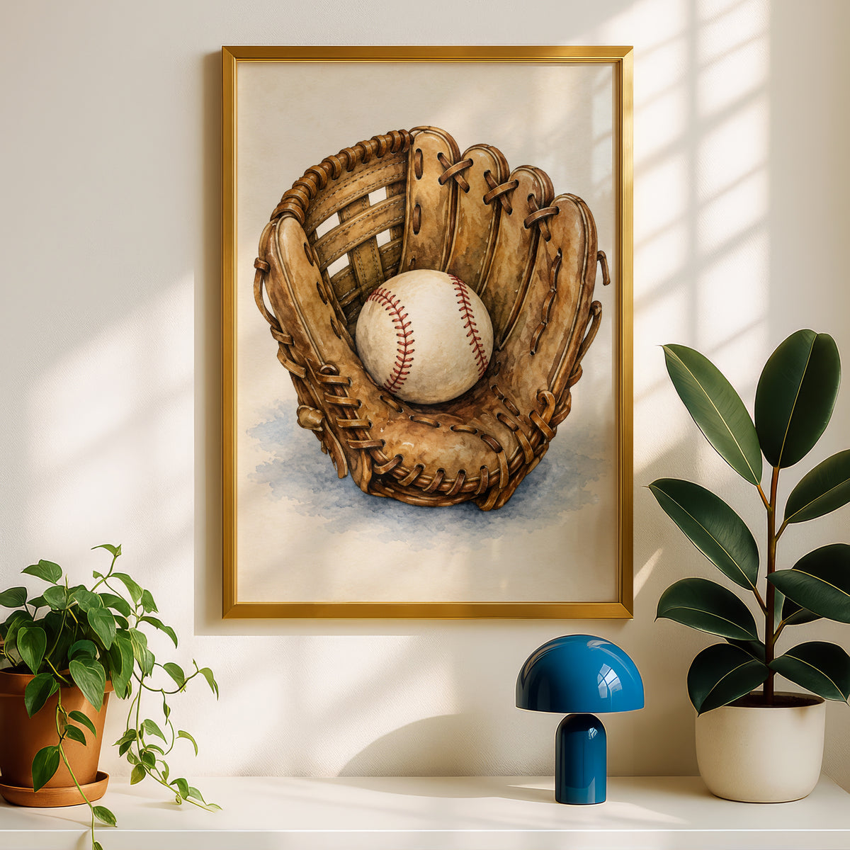 Vintage Baseball Glove Watercolour Poster, Baseball Wall Art, Sports Print, Boys Room