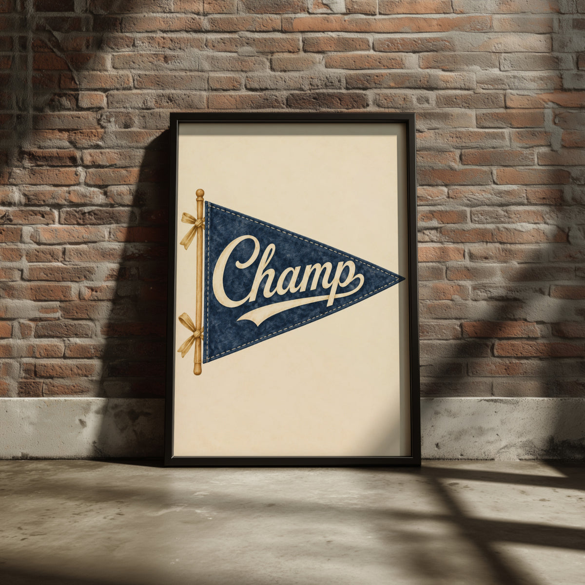 Vintage Champ Pennant Flag Wall Art, Navy Blue Retro Nursery Print, Sports Poster, Boys Bedroom