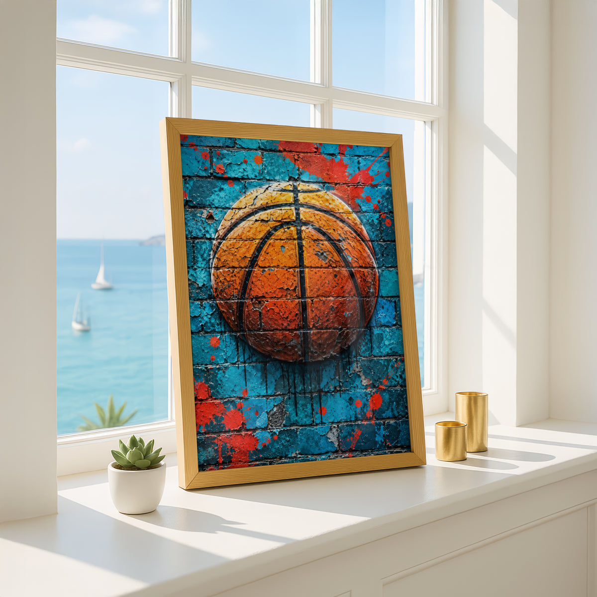 Basketball Graffiti Wall Art Poster, Turquoise Brick Mural Print, Street Art Sports Room Decor