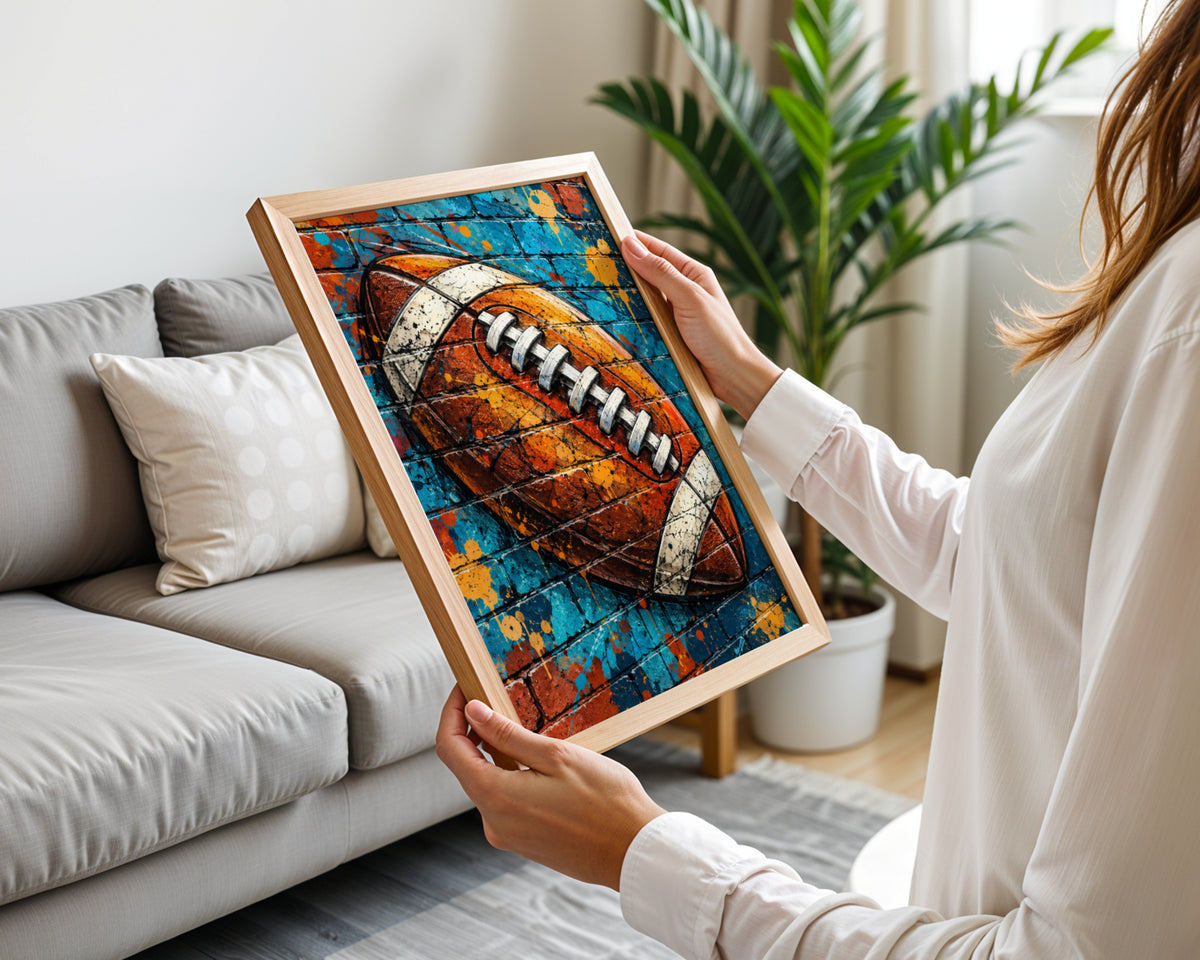 American Football Graffiti Art Poster, Blue Brick Wall Street Art Print, Sports Fan Gift, Man Cave
