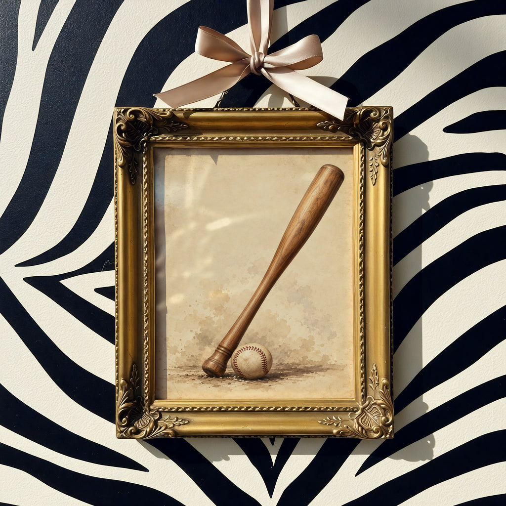 Vintage Baseball Bat and Ball Poster, Sepia Sports Wall Art, Retro Baseball Print for Man Cave