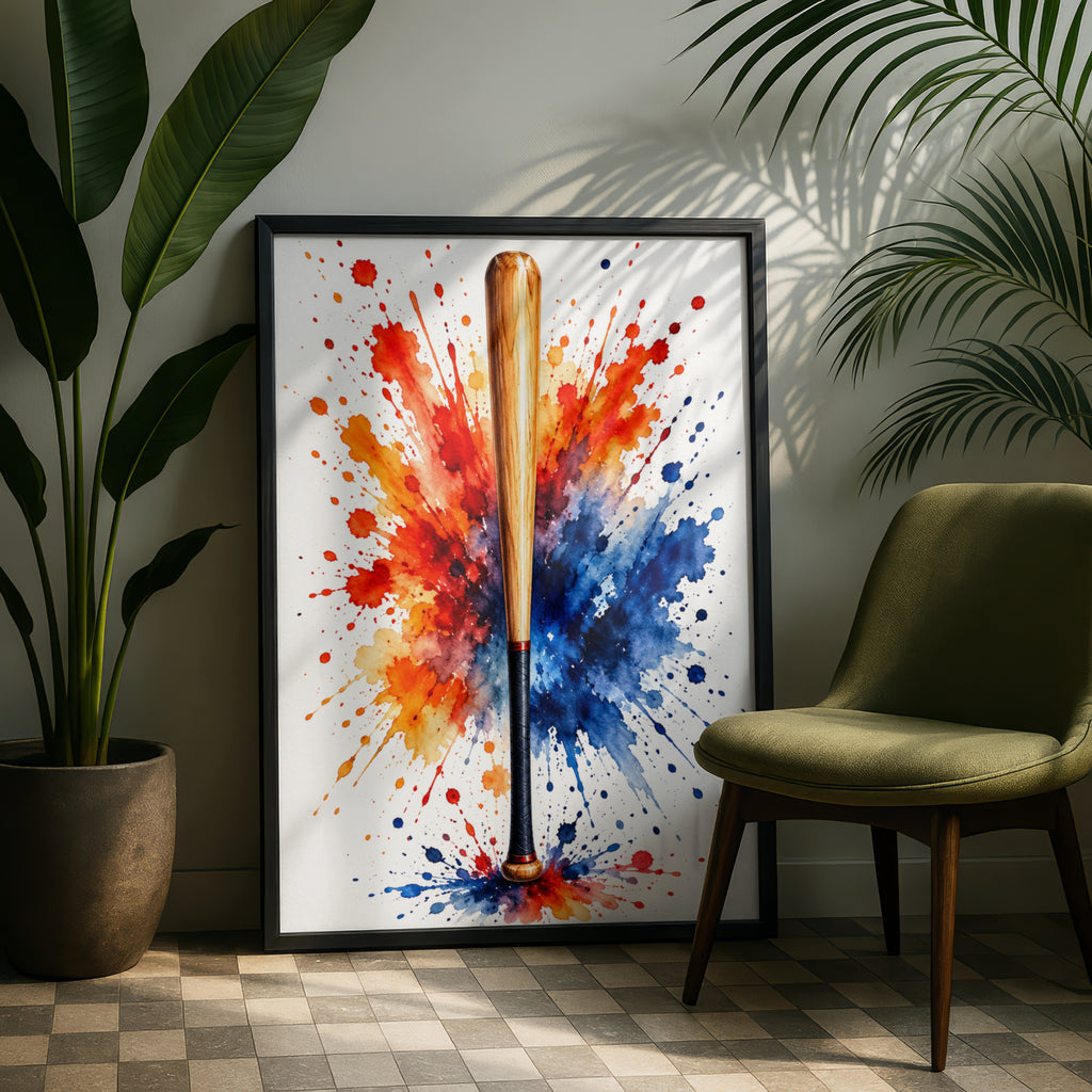 Baseball Bat Watercolour Splash Poster, Sports Wall Art, Red Orange Blue Paint Splatter Print