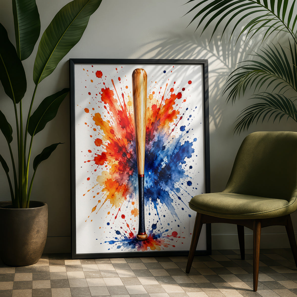 Baseball Bat Watercolour Splash Poster, Sports Wall Art, Red Orange Blue Paint Splatter Print
