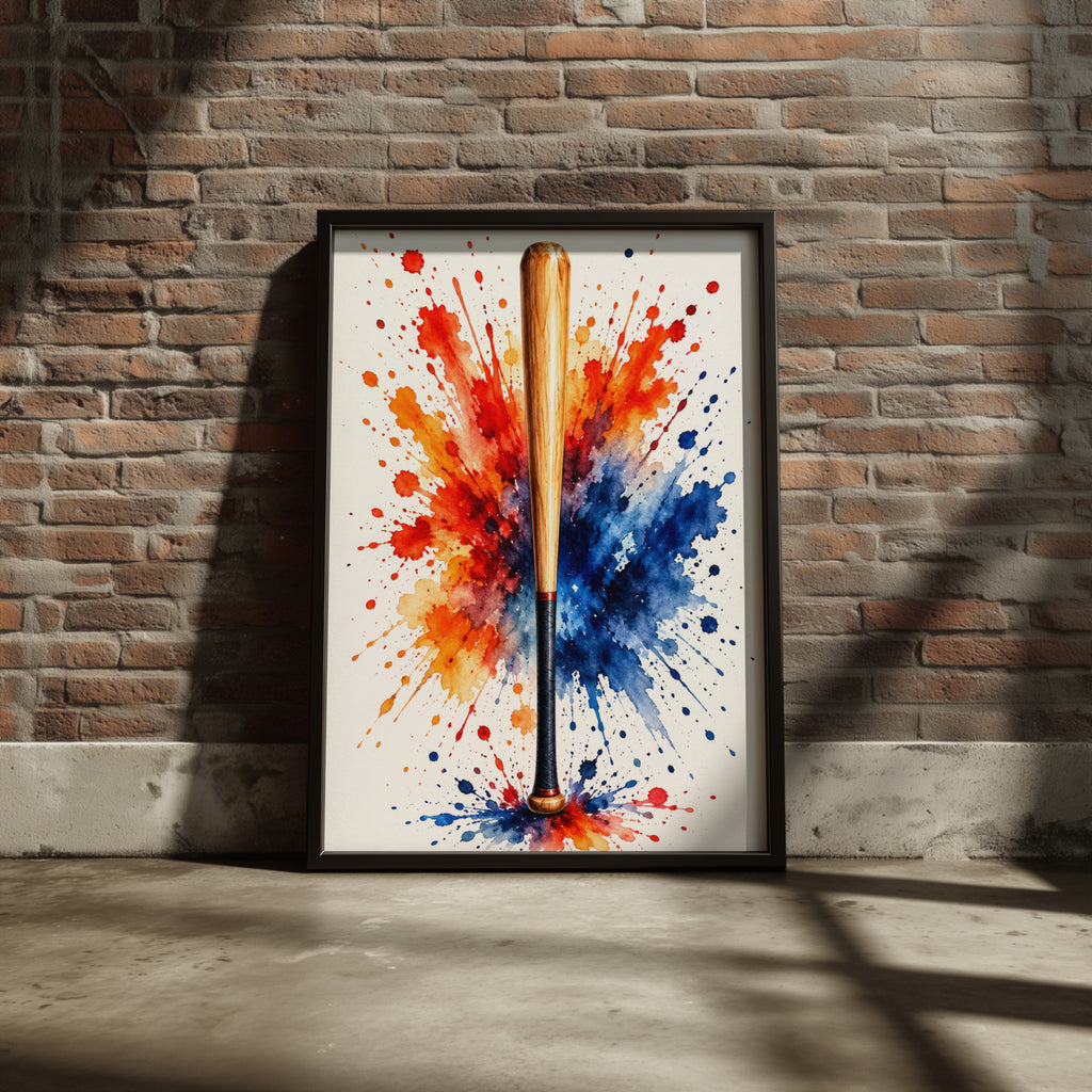 Baseball Bat Watercolour Splash Poster, Sports Wall Art, Red Orange Blue Paint Splatter Print