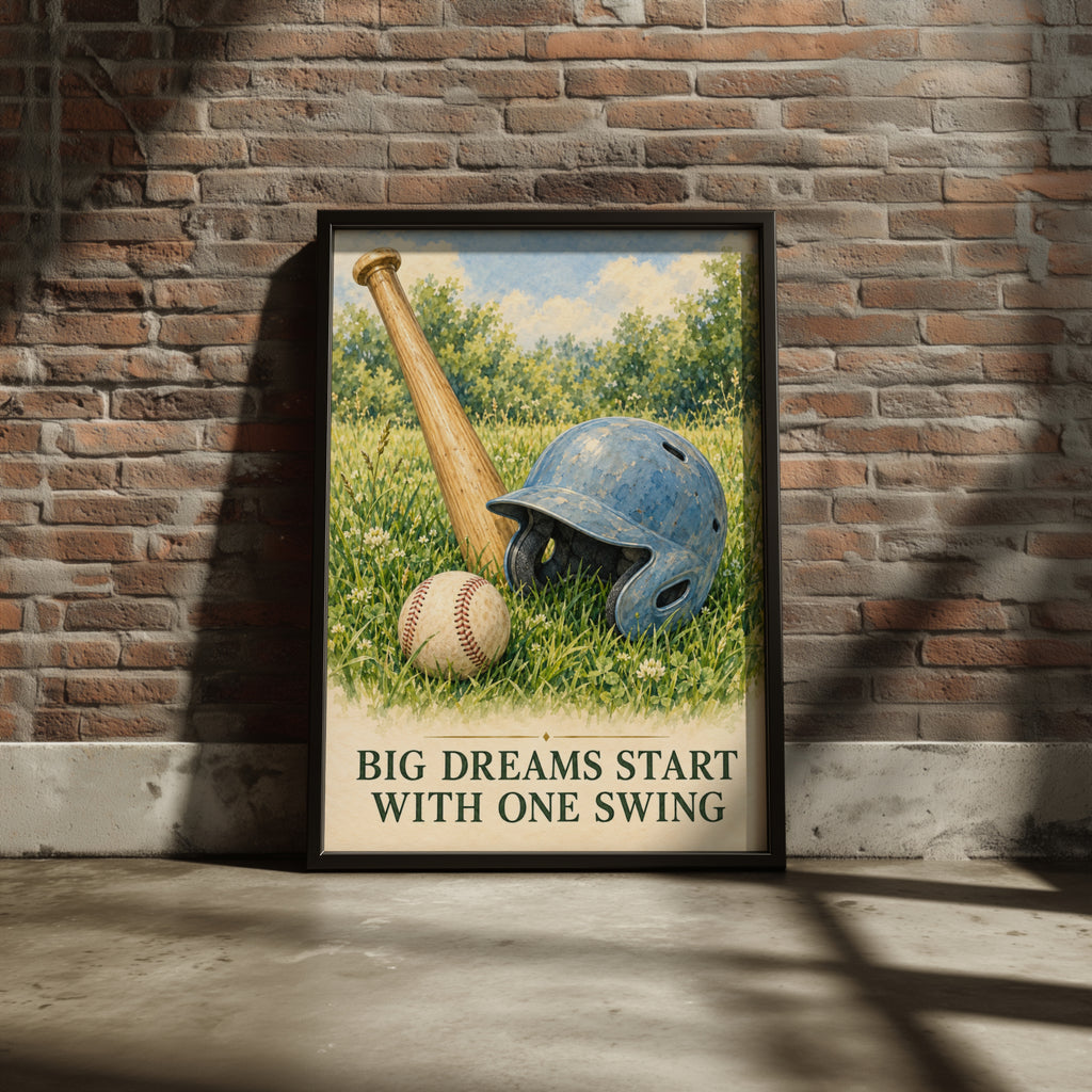 Baseball Wall Art Print, Big Dreams Start With One Swing, Vintage Watercolour Poster, Boys Bedroom