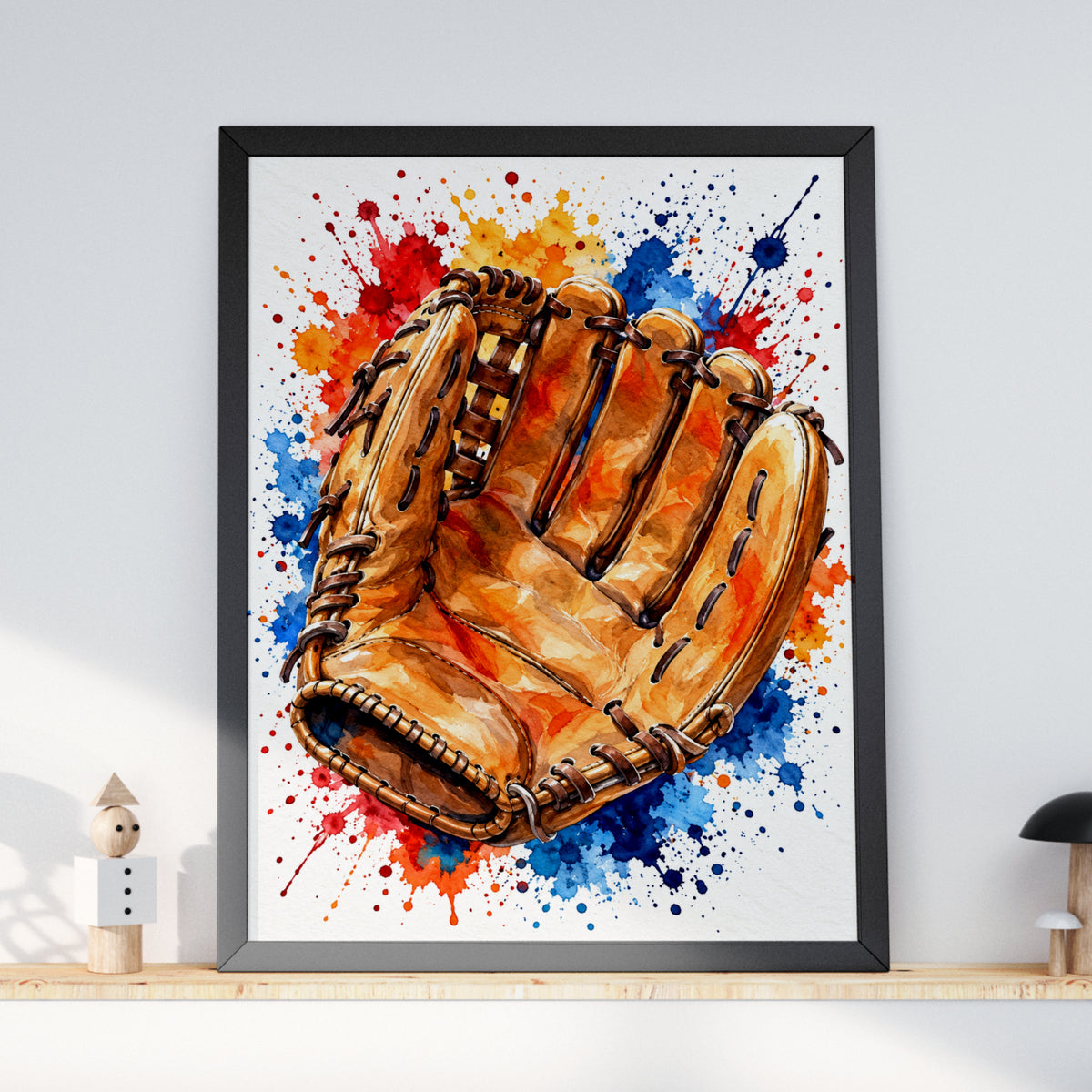 Baseball Glove Watercolour Poster, Sports Wall Art, Colourful Paint Splash Print, Boys Bedroom Decor