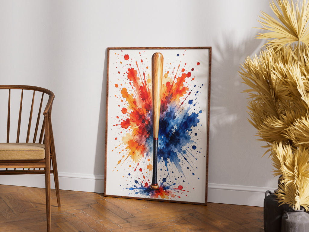 Baseball Bat Watercolour Splash Poster, Sports Wall Art, Red Orange Blue Paint Splatter Print