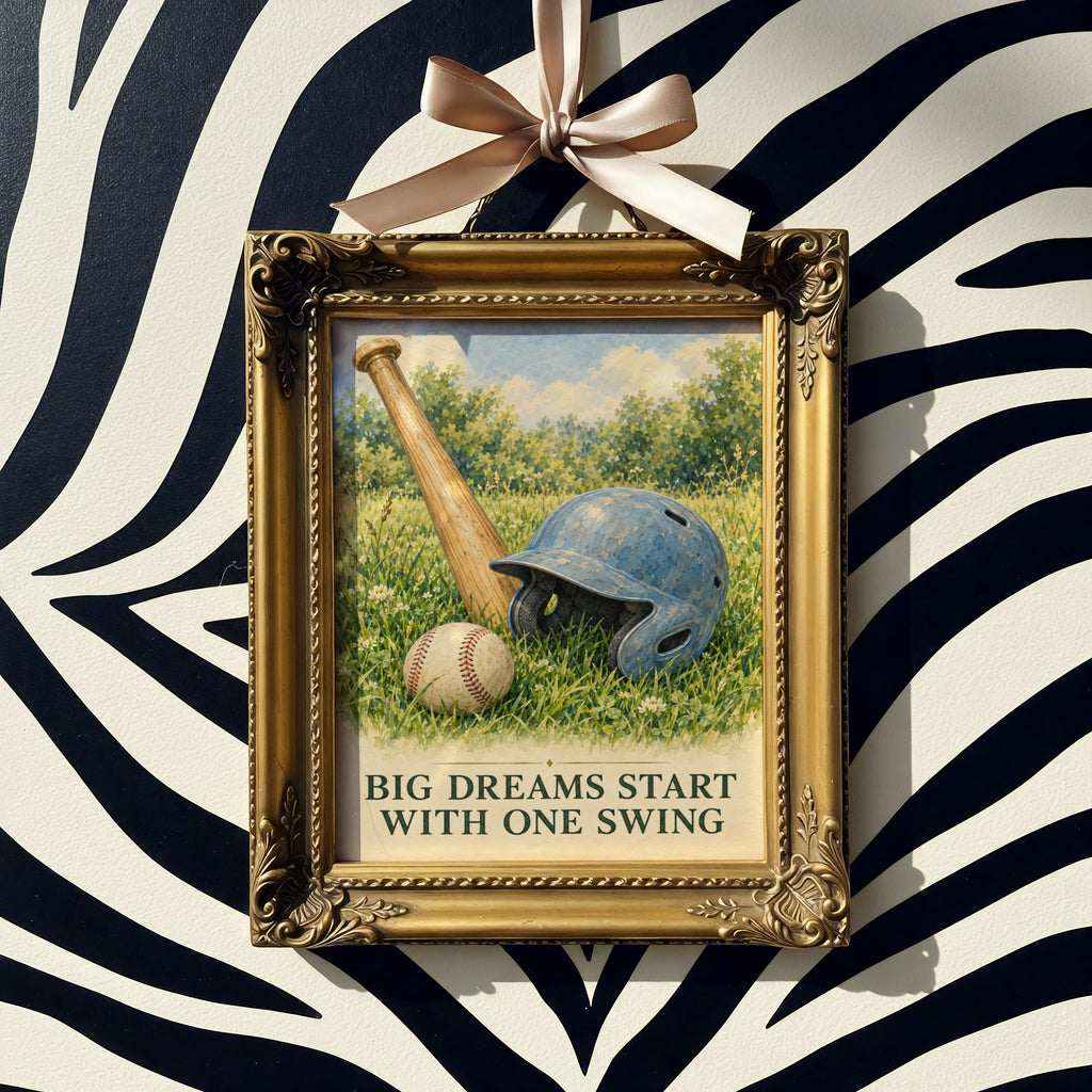 Baseball Wall Art Print, Big Dreams Start With One Swing, Vintage Watercolour Poster, Boys Bedroom