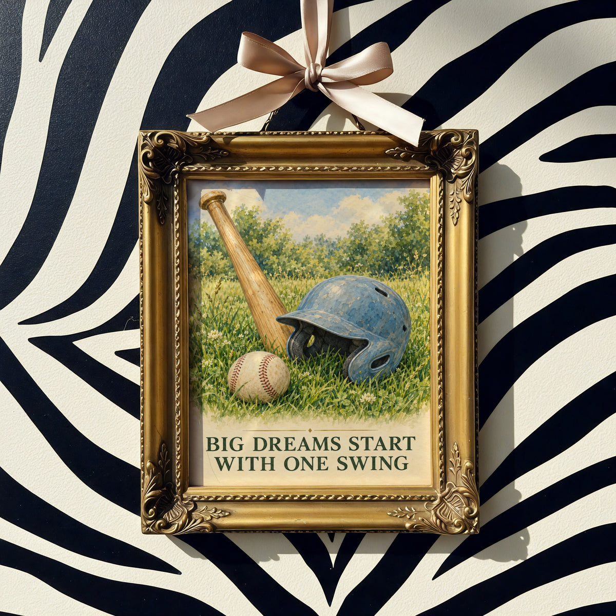 Baseball Wall Art Print, Big Dreams Start With One Swing, Vintage Watercolour Poster, Boys Bedroom