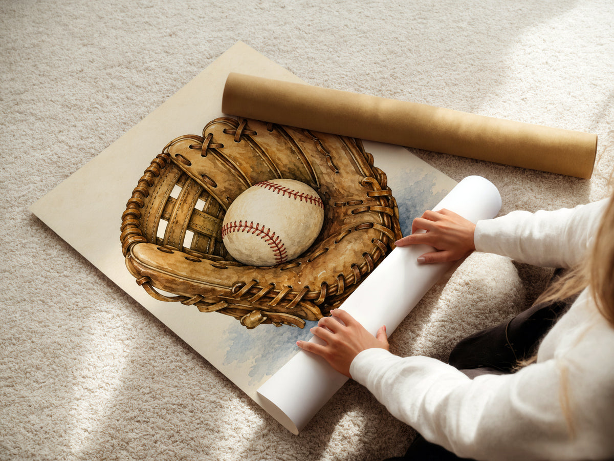 Vintage Baseball Glove Watercolour Poster, Baseball Wall Art, Sports Print, Boys Room