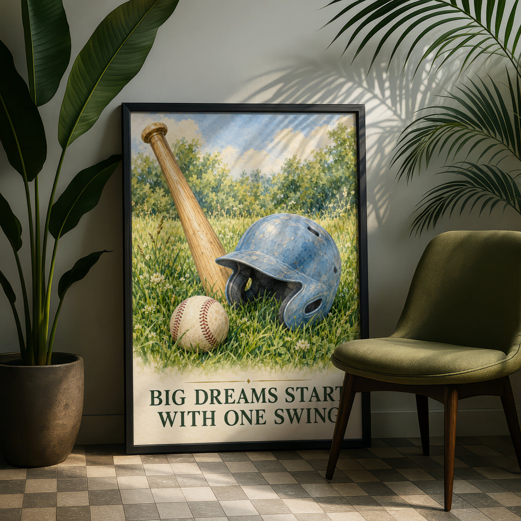 Baseball Wall Art Print, Big Dreams Start With One Swing, Vintage Watercolour Poster, Boys Bedroom