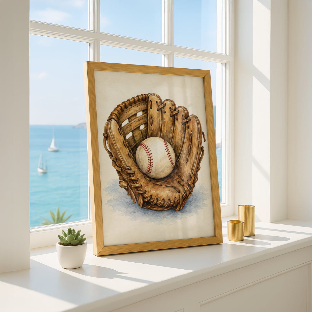 Vintage Baseball Glove Watercolour Poster, Baseball Wall Art, Sports Print, Boys Room