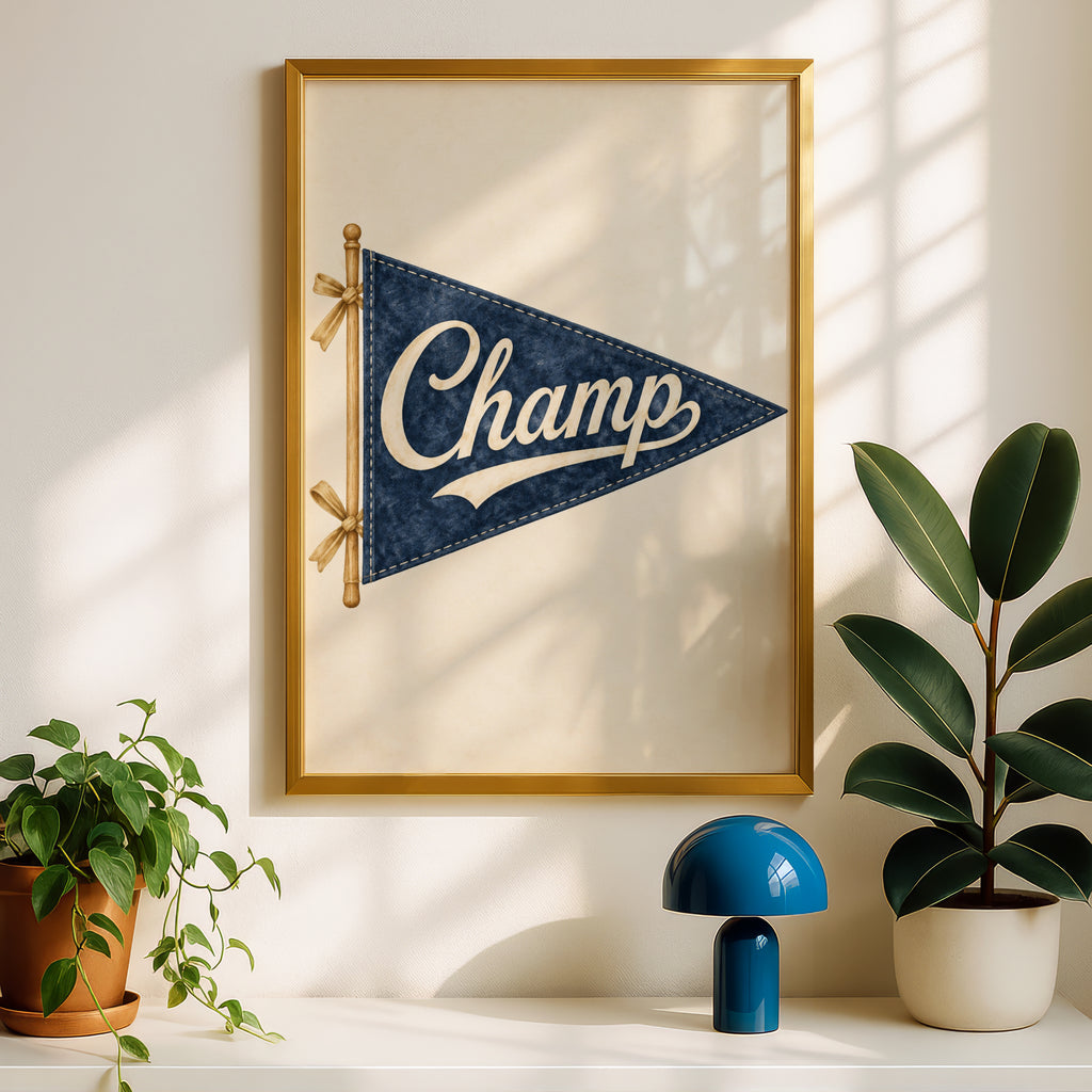 Vintage Champ Pennant Flag Wall Art, Navy Blue Retro Nursery Print, Sports Poster, Boys Bedroom
