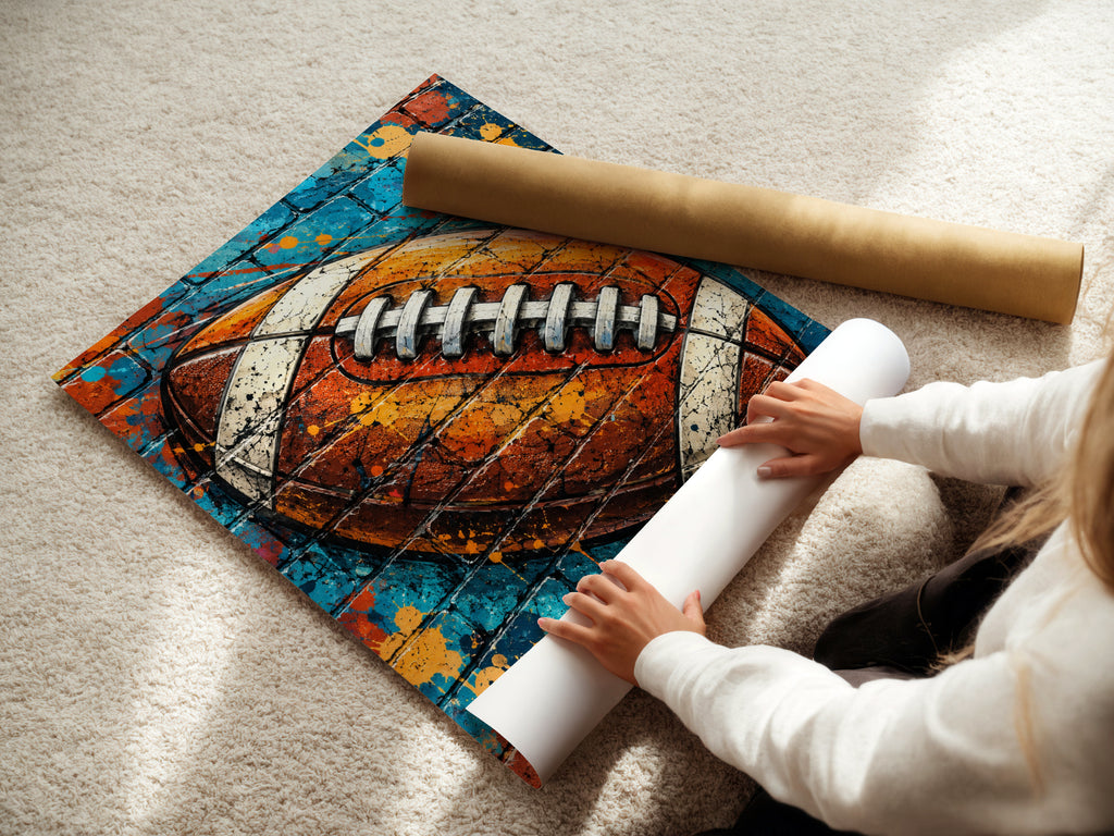 American Football Graffiti Art Poster, Blue Brick Wall Street Art Print, Sports Fan Gift, Man Cave