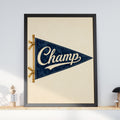 Vintage Champ Pennant Flag Wall Art, Navy Blue Retro Nursery Print, Sports Poster, Boys Bedroom