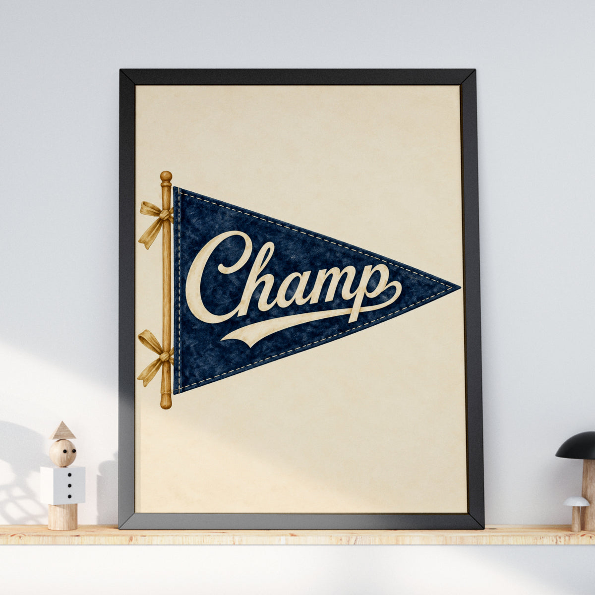 Vintage Champ Pennant Flag Wall Art, Navy Blue Retro Nursery Print, Sports Poster, Boys Bedroom