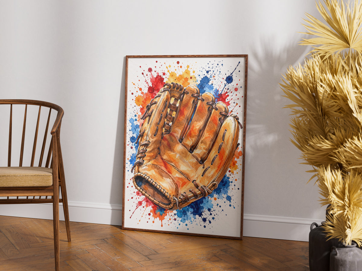 Baseball Glove Watercolour Poster, Sports Wall Art, Colourful Paint Splash Print, Boys Bedroom Decor