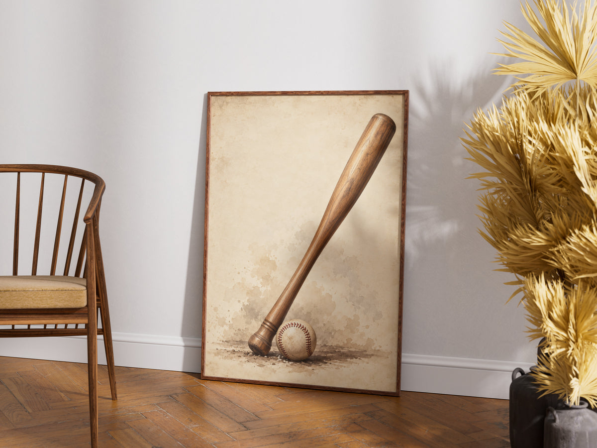 Vintage Baseball Bat and Ball Poster, Sepia Sports Wall Art, Retro Baseball Print for Man Cave