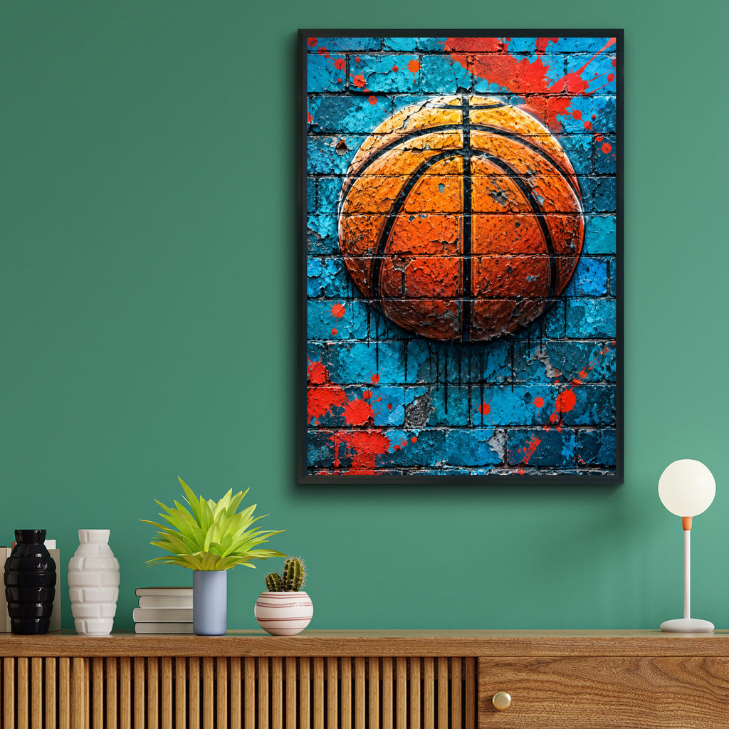 Basketball Graffiti Wall Art Poster, Turquoise Brick Mural Print, Street Art Sports Room Decor