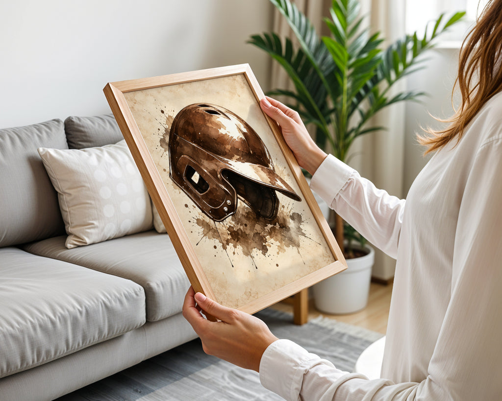 Vintage Baseball Helmet Poster, Sepia Watercolour Sports Wall Art, Rustic Baseball Fan Gift Print